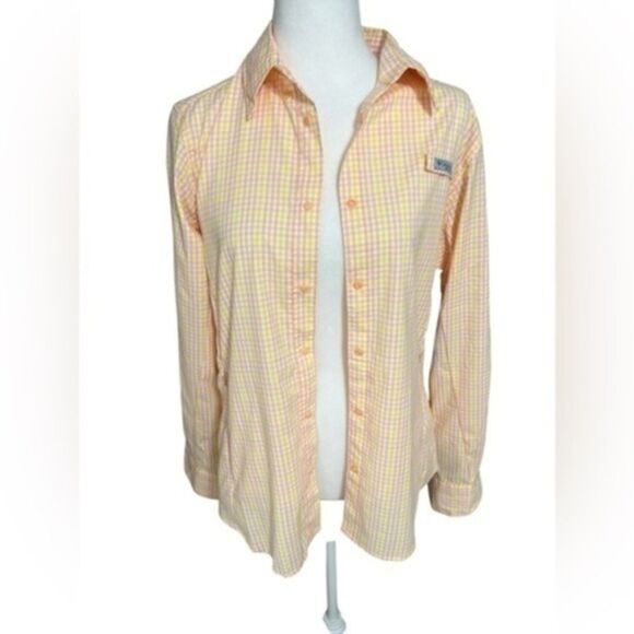 Columbia women nwt yellow pink long sleeve shirt button down medium - Picture 1 of 11